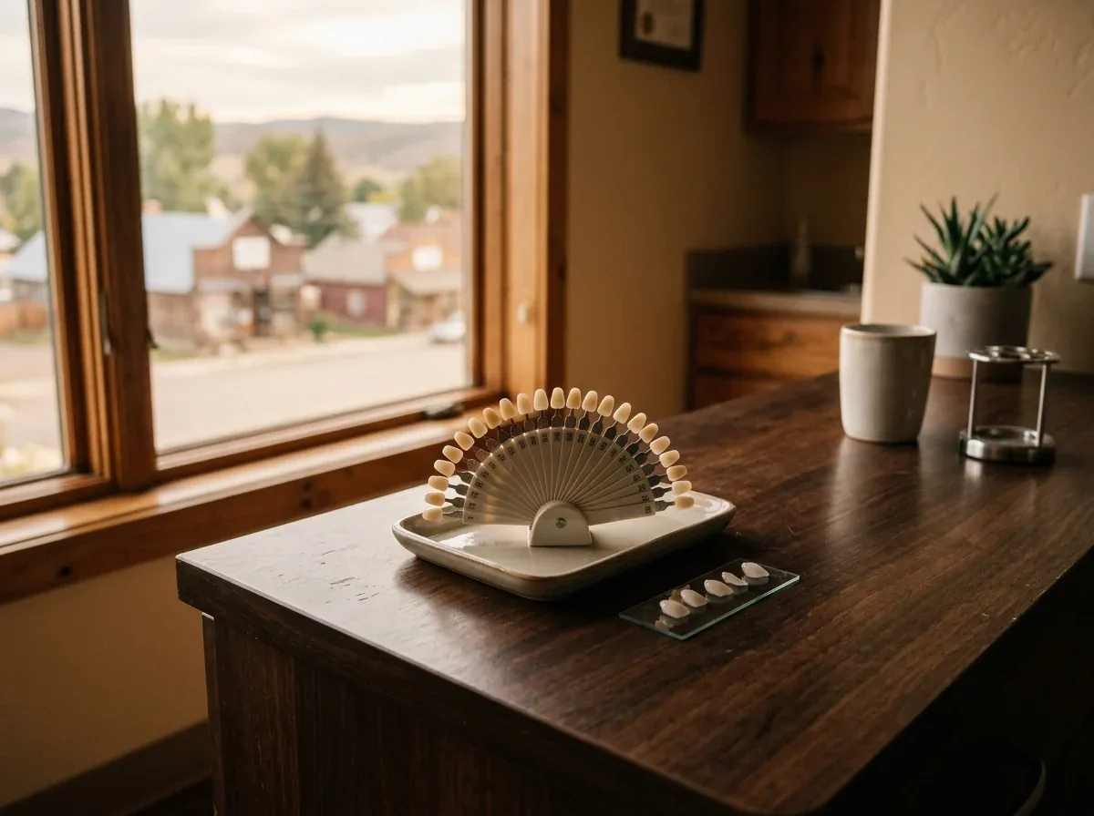 Tooth shade guide and dental veneers resting on a wooden counter near a window.
